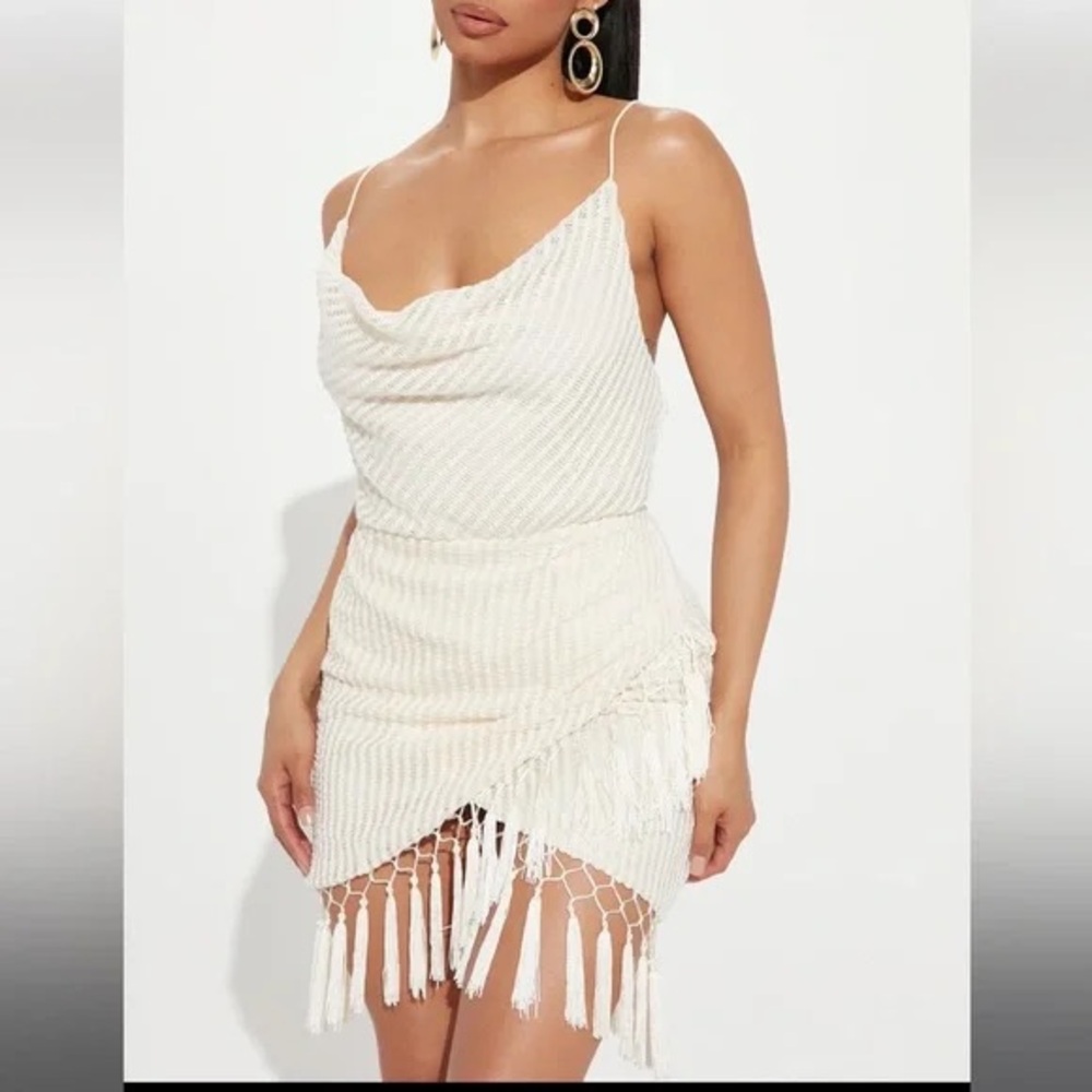 Cream Cowl Neck Mini Dress with Fringe